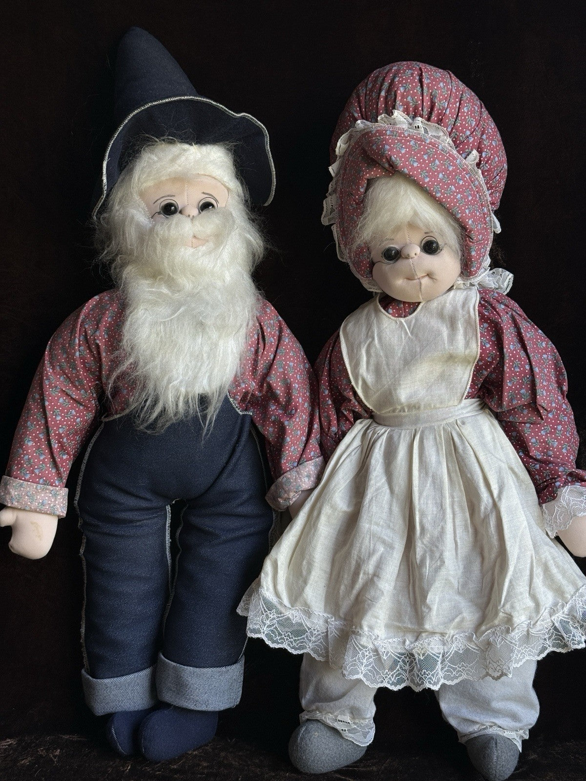 Pair of Vintage Handmade 29” Stockinette Elderly Character Grandpa Grandma Dolls