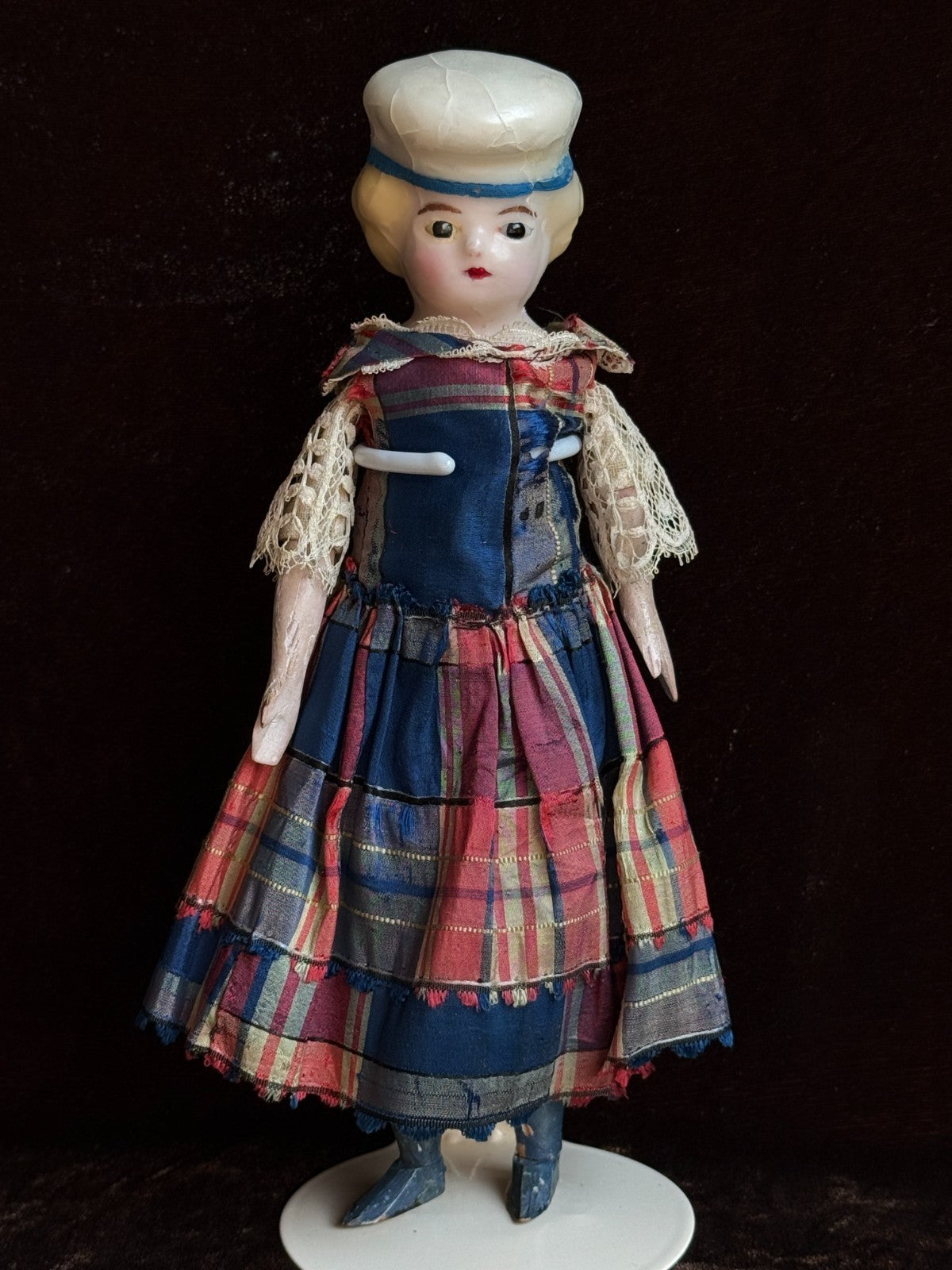 Antique German Cabinet Size 8.25” Wax Over Papier Mache Molded Hat Doll