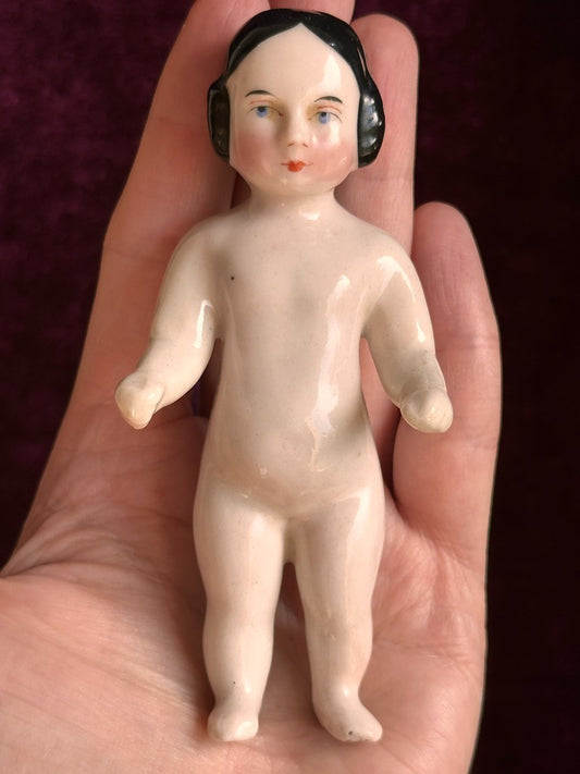 Antique German 4.25” Frozen Charlotte Pink Tint Covered Wagon China Doll