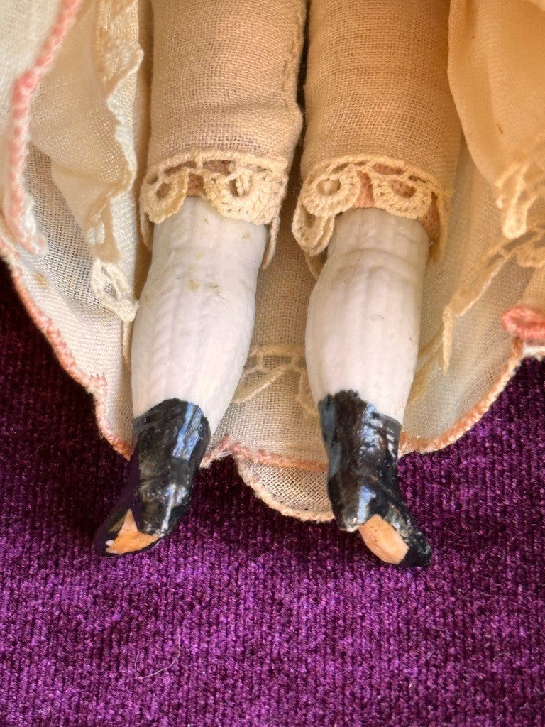 Antique German 4.875” Bisque Cloth Miniature Dollhouse Parian Doll with Bun