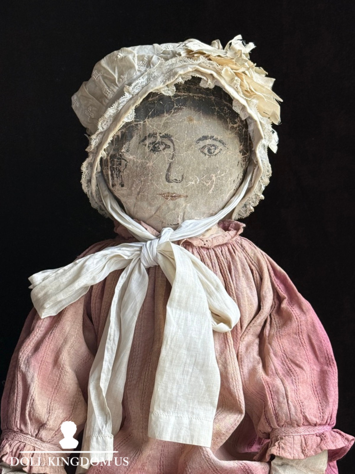 Early Antique American 28” Primitive Folk Cloth Rug Oil Painted Portrait Doll