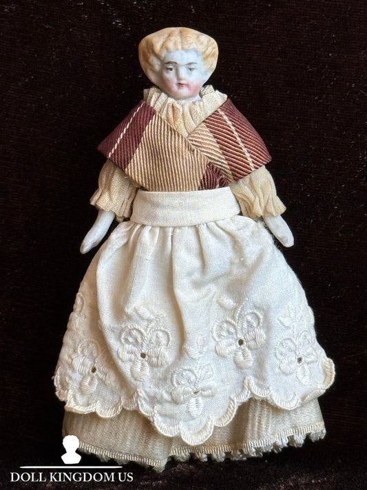 Antique German 3.5” Bisque Cloth Miniature Dollhouse Flat Top Parian Girl Doll