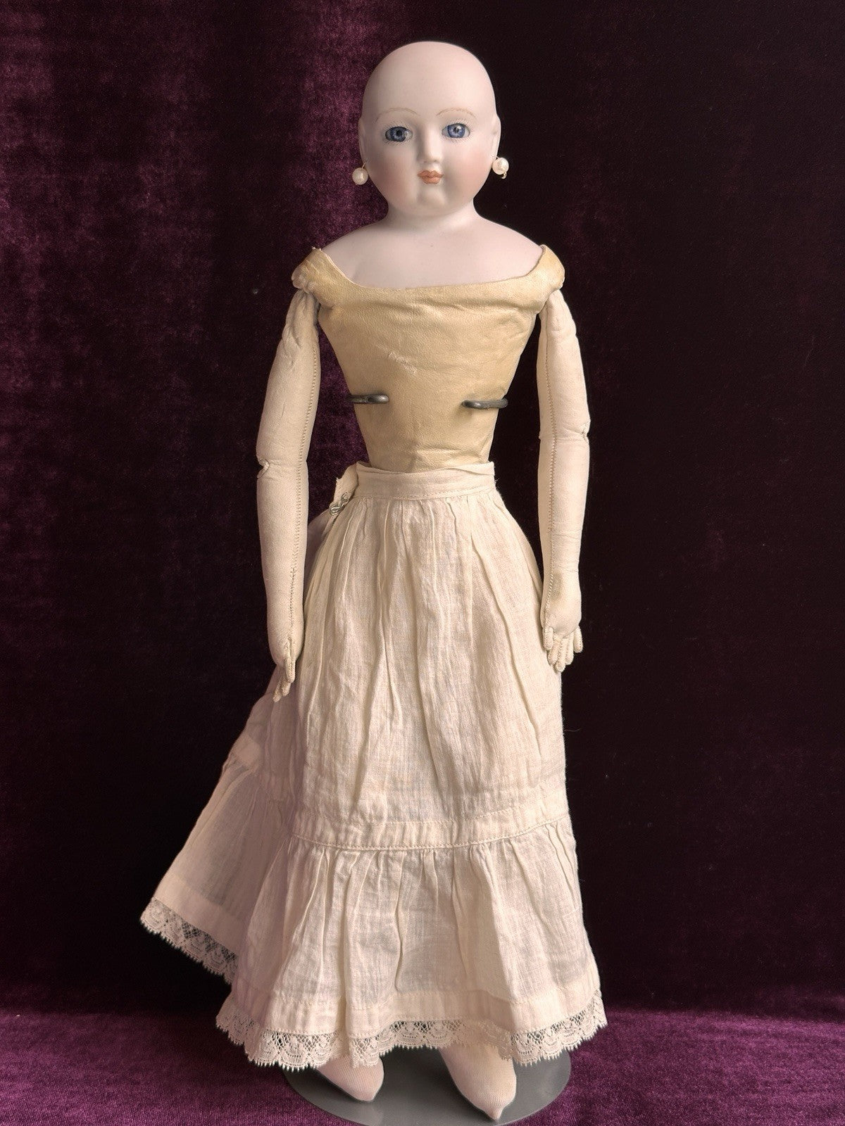 Vintage Porcelain 16” Reproduction Of Antique French Fashion Doll Leather Body