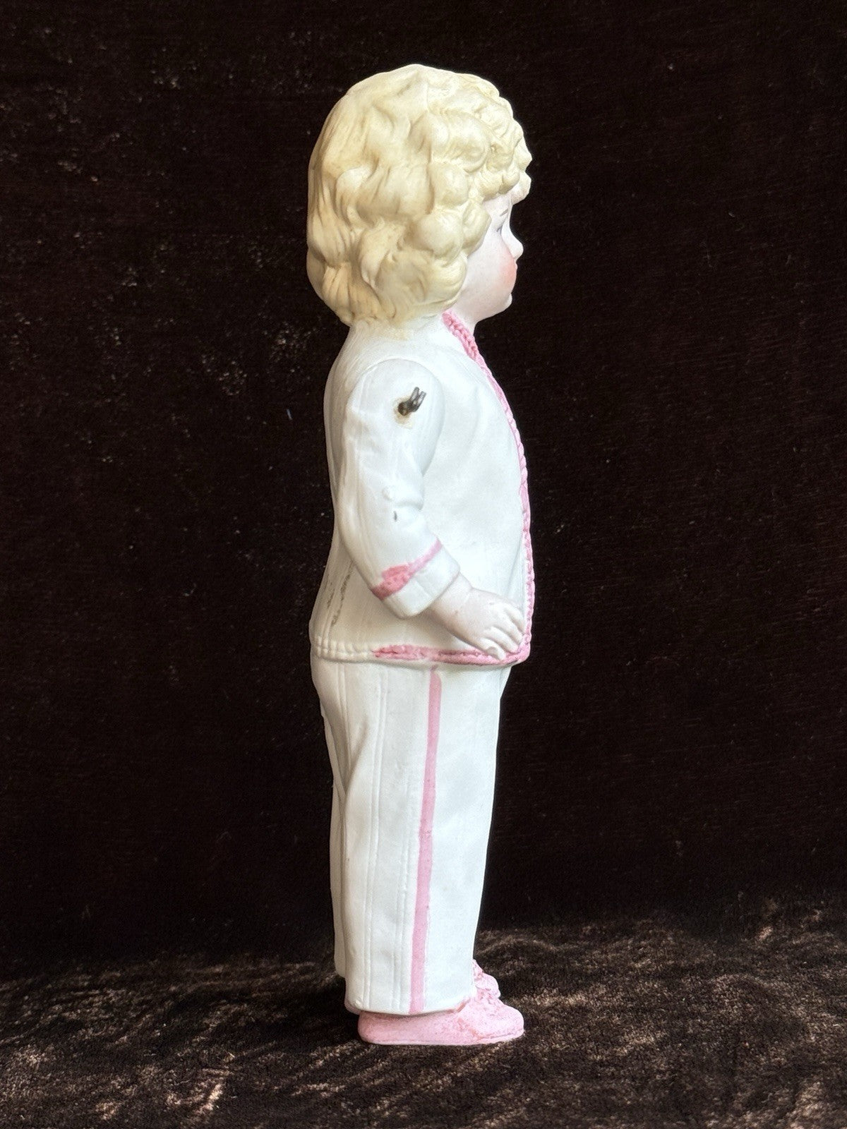Antique German 6.5” All Bisque Miniature Dollhouse Doll Molded Outfit