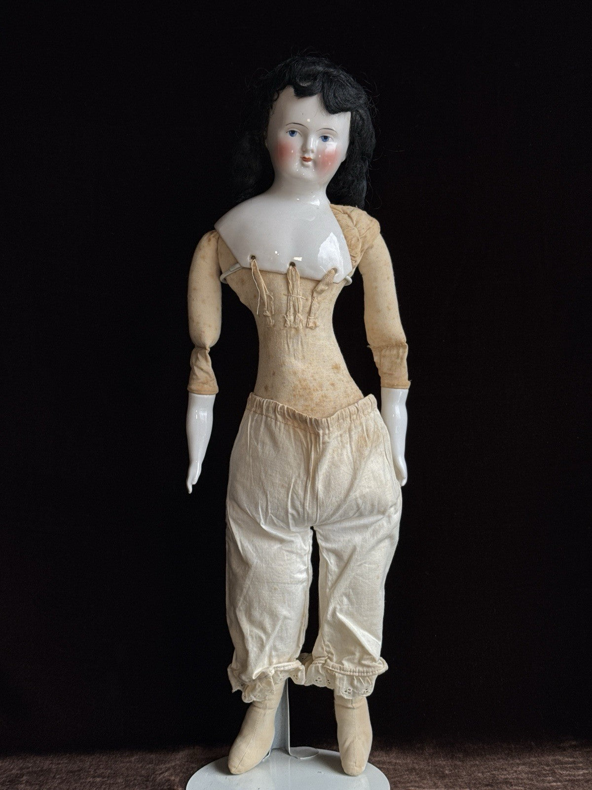 Antique German 21” Biedermeier Bald China Shoulder Head Doll