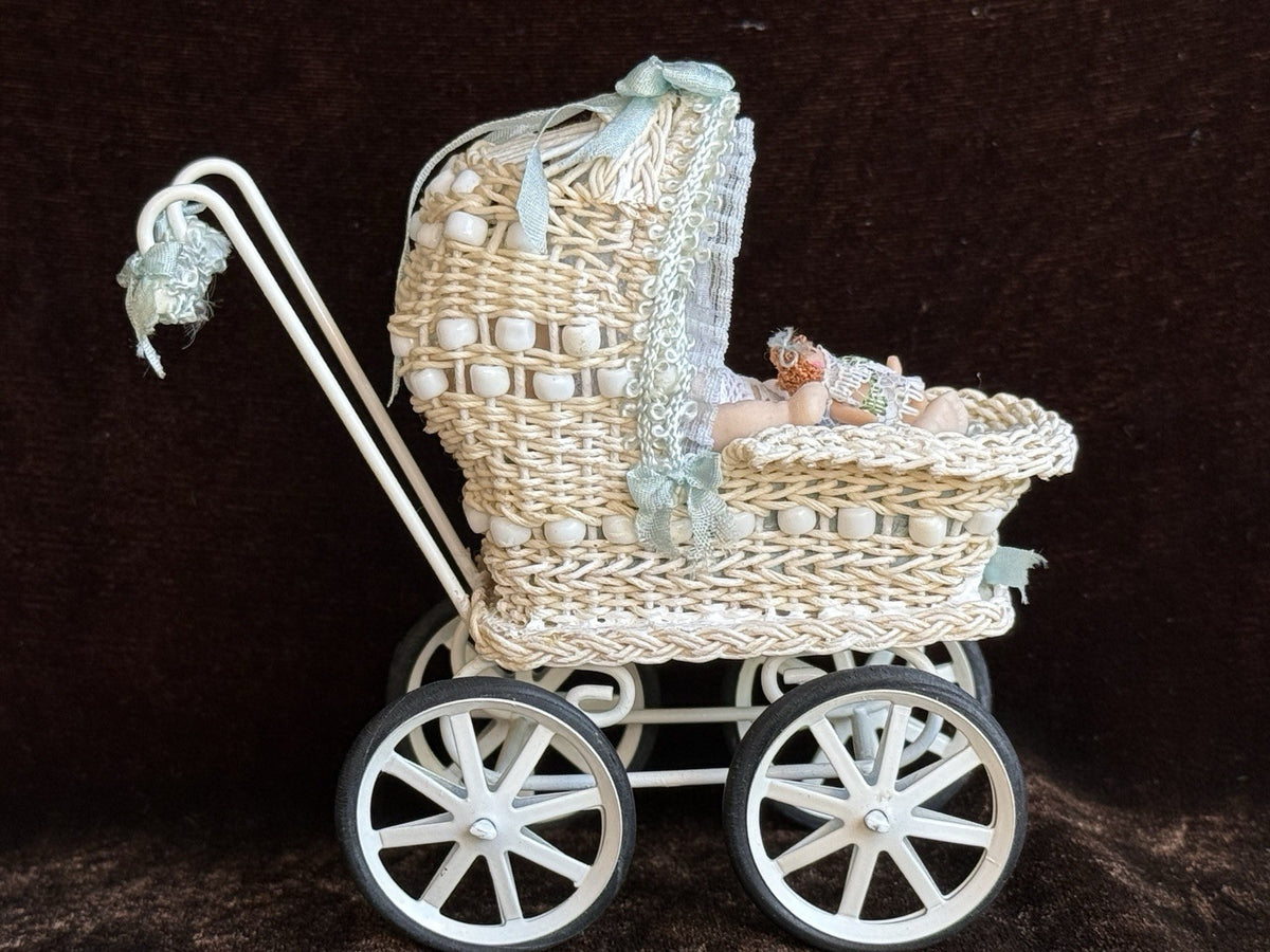 Lot of Miniature Dollhouse Buggy and Porcelain Baby Doll