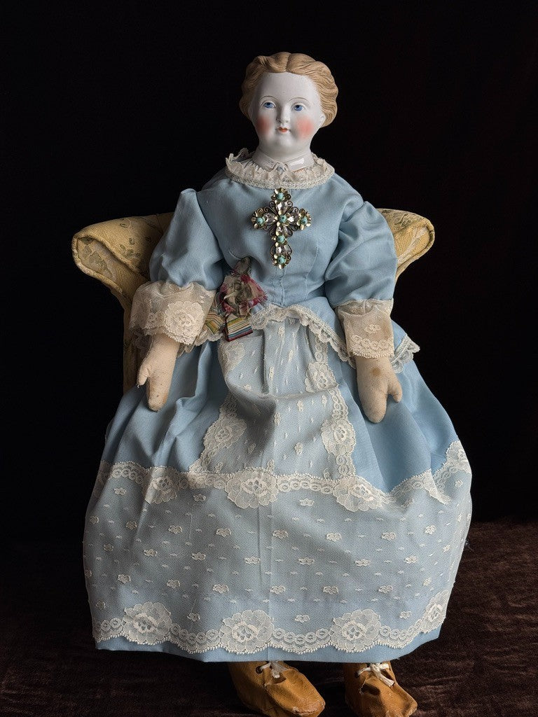 Large Antique German Kling 27” Dresden China Parian Molded Shoulder Head Doll
