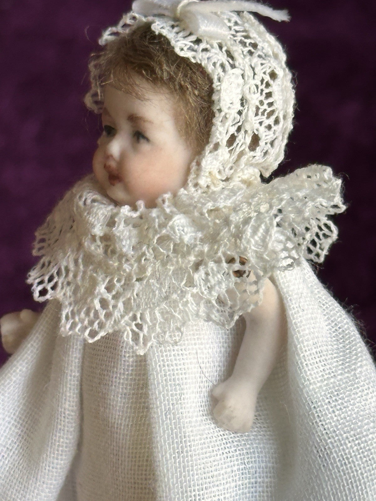 All Porcelain Signed Miniature Hilda (?) Dollhouse Baby Doll in Metal Buggy