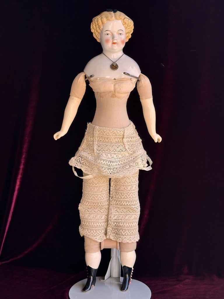 Large Antique German 26” Flat Top Highbrow China Shoulder Head Blonde Doll