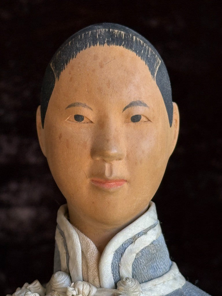 Antique Chinese 12" Door of Hope Mission Carved Wood Cloth Female Doll