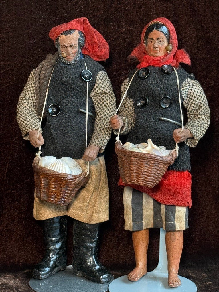 Pair Antique French 9” Terracotta Cloth Fisherman & Fisherwoman Folk Art Dolls