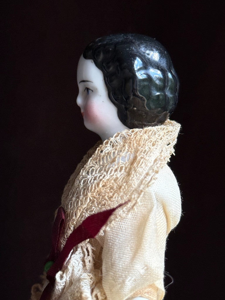 Antique German 5.75” Bisque Cloth Miniature Dollhouse Highbrow China Doll