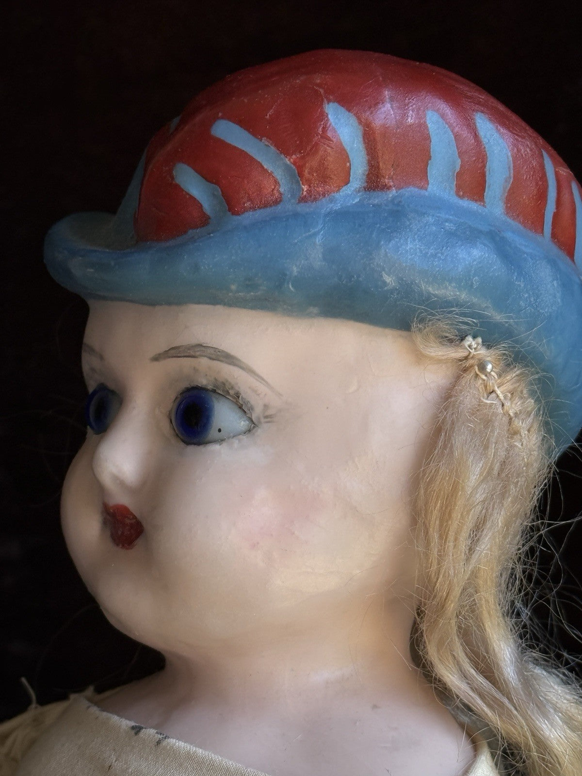 Rare Antique German 20” Wax Over Papier Mache Molded Hat Doll