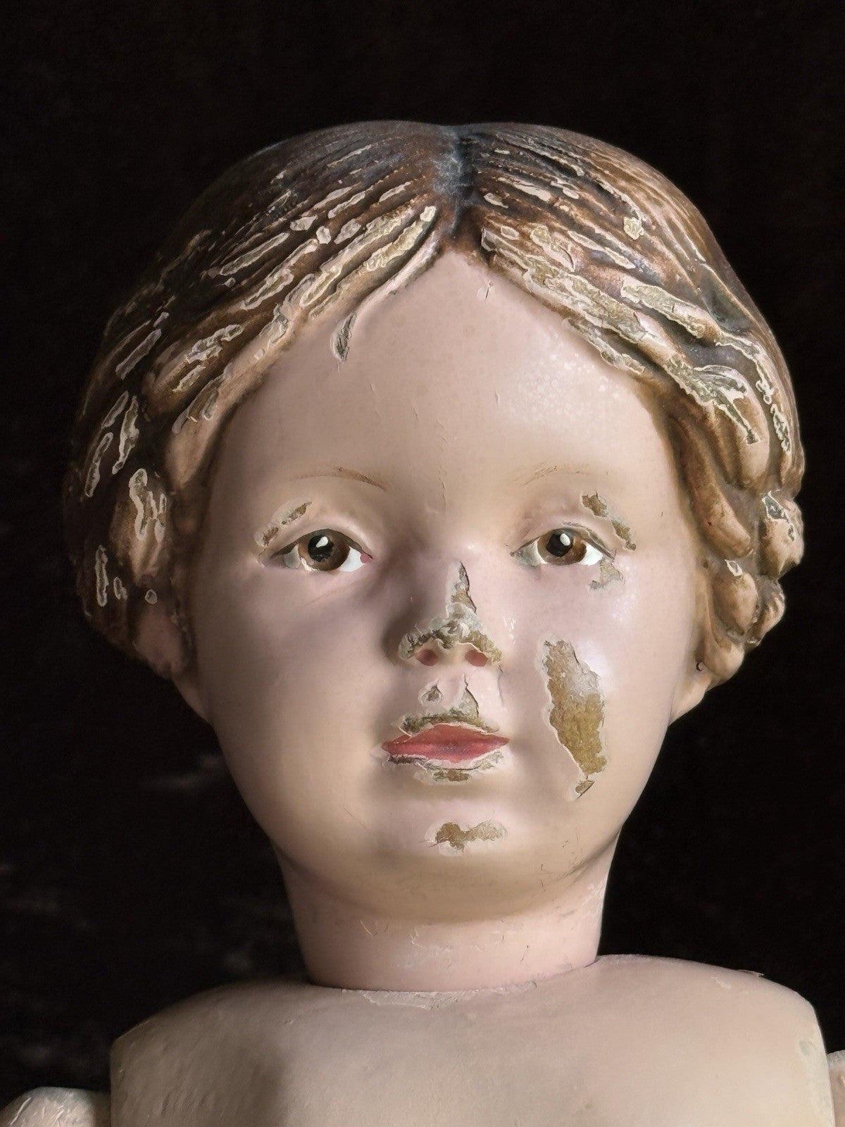 Antique American 16.5” Schoenhut 102 Series Wooden Doll Carved Braided Hair Bow