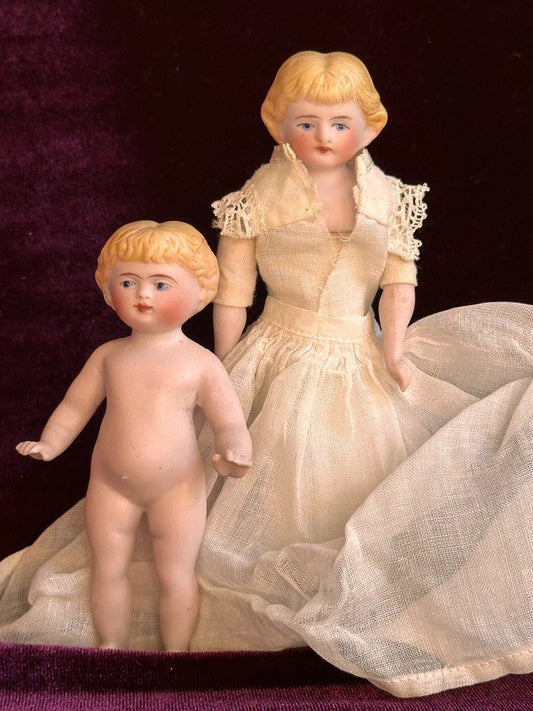 Antique German 5.25” Bisque Shoulder Head Miniature Dollhouse Parian Doll