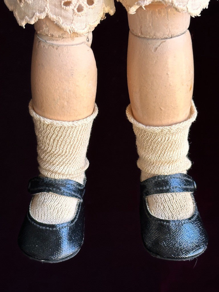 Antique American 16” Schoenhut 102 Series Wooden Doll Carved Braided Hair Bow