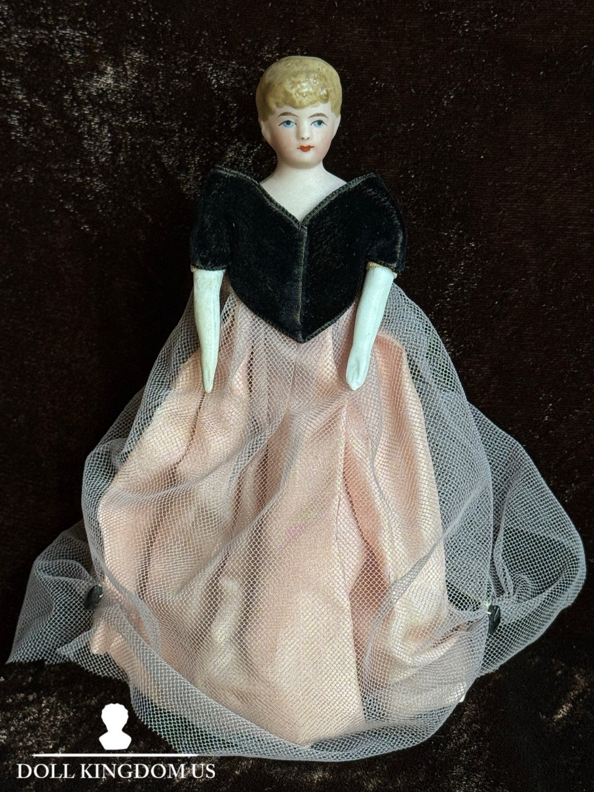 Antique German 5.875” Bisque Cloth Miniature Dollhouse Parian Doll with Bun