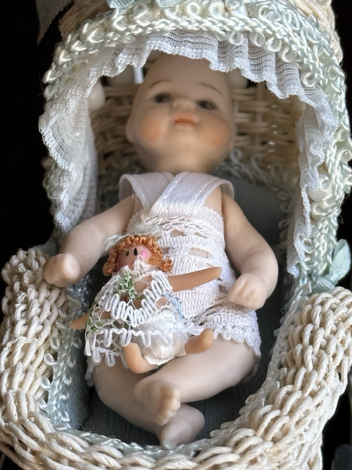 Lot of Miniature Dollhouse Buggy and Porcelain Baby Doll