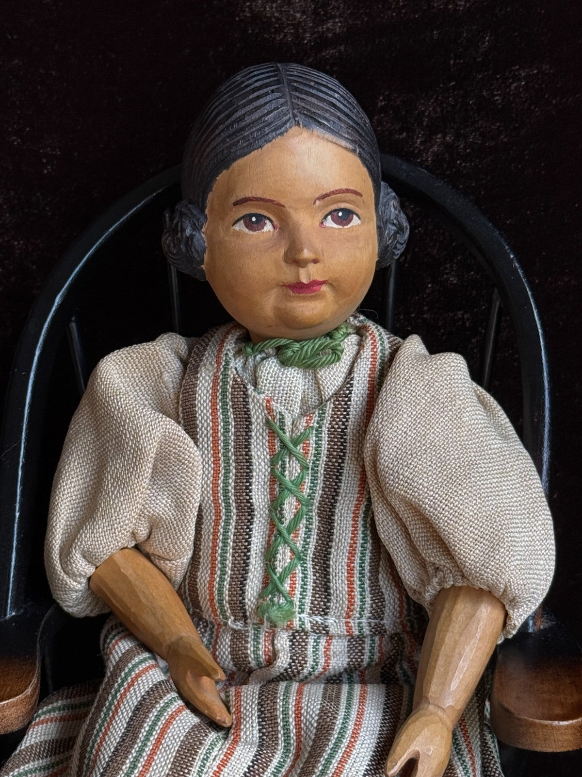 Vintage Swiss 10” Huggler Wood Carved Jointed Girl Doll