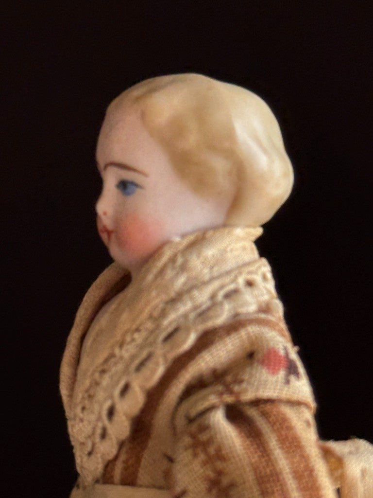Antique German 4.5” Bisque Cloth Miniature Dollhouse Parian Doll