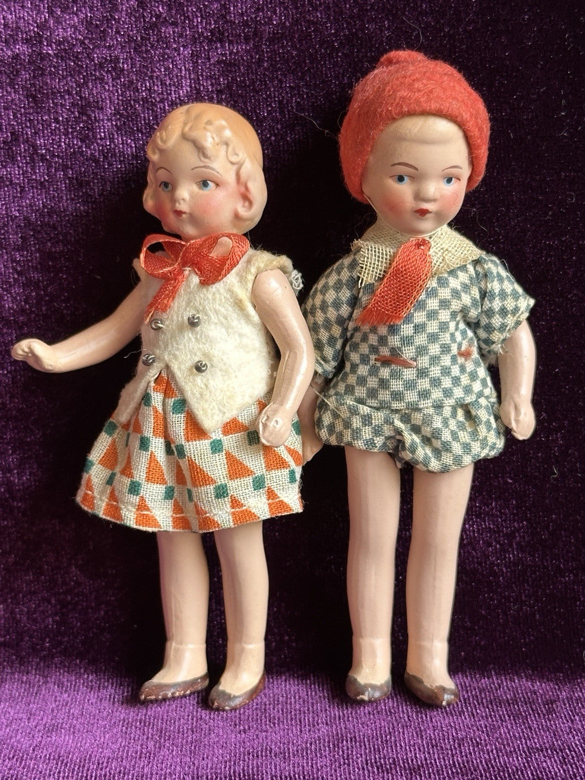 Pair of Antique German Hertwig  Miniature Dollhouse Boy and Girl Dolls