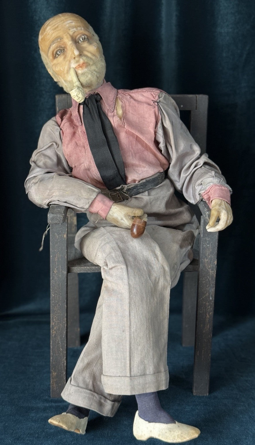 Unidentified Antique (?) Wax Doll Old Men In The Wooden Chair Smoking Pipe
