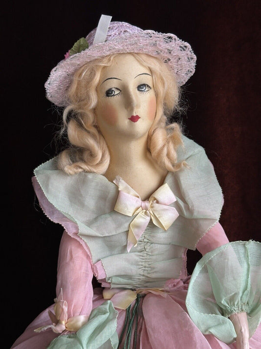 Antique Art Deco 29” French Boudoir Flapper Cloth Face Mask Doll