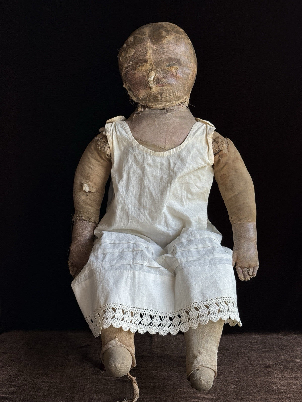 Early Antique American 28” Primitive Folk Cloth Rug Oil Painted Doll