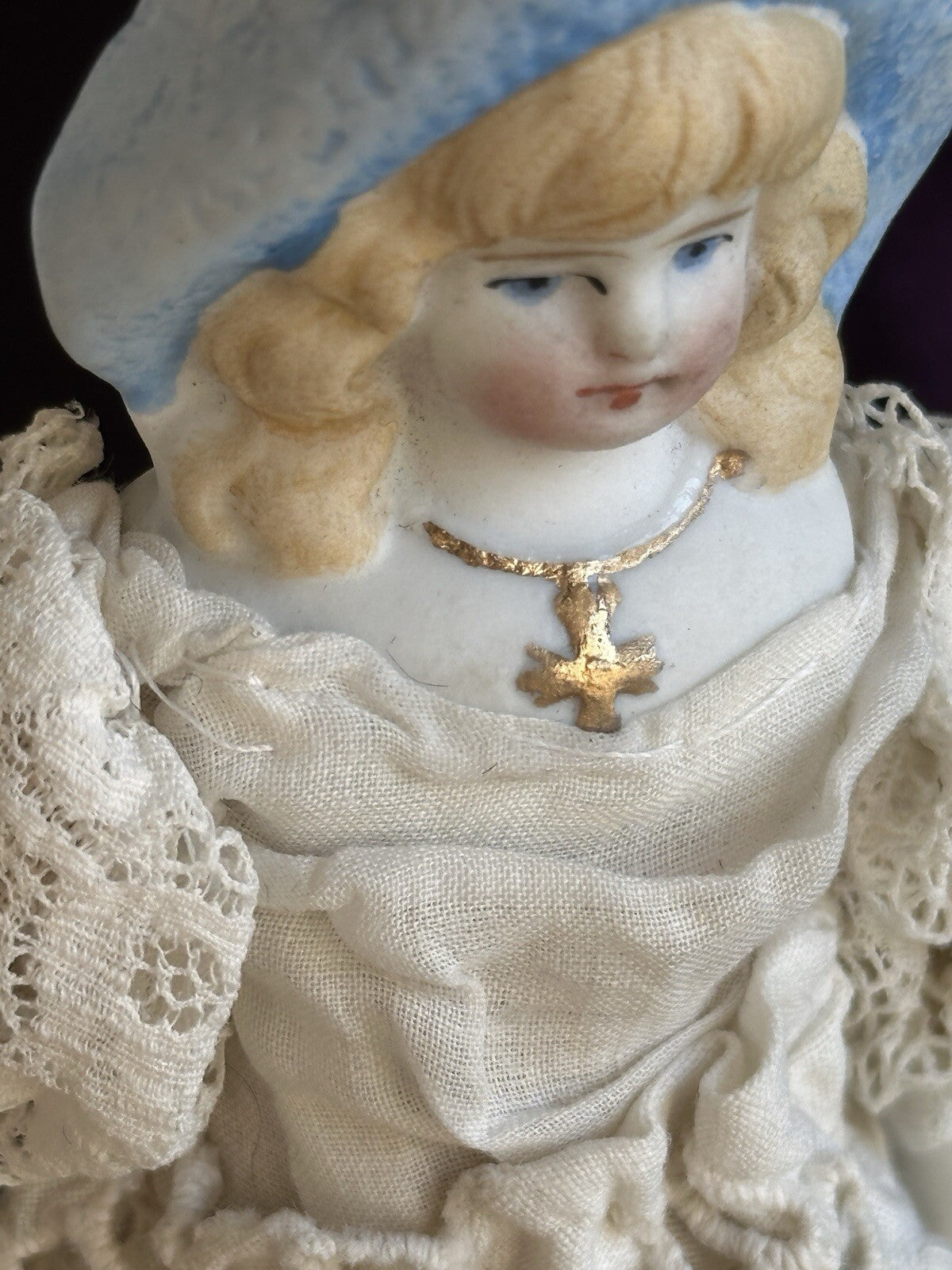 Antique German Miniature  7.5” Hertwig Molded Hat Parian Bisque Head China Doll