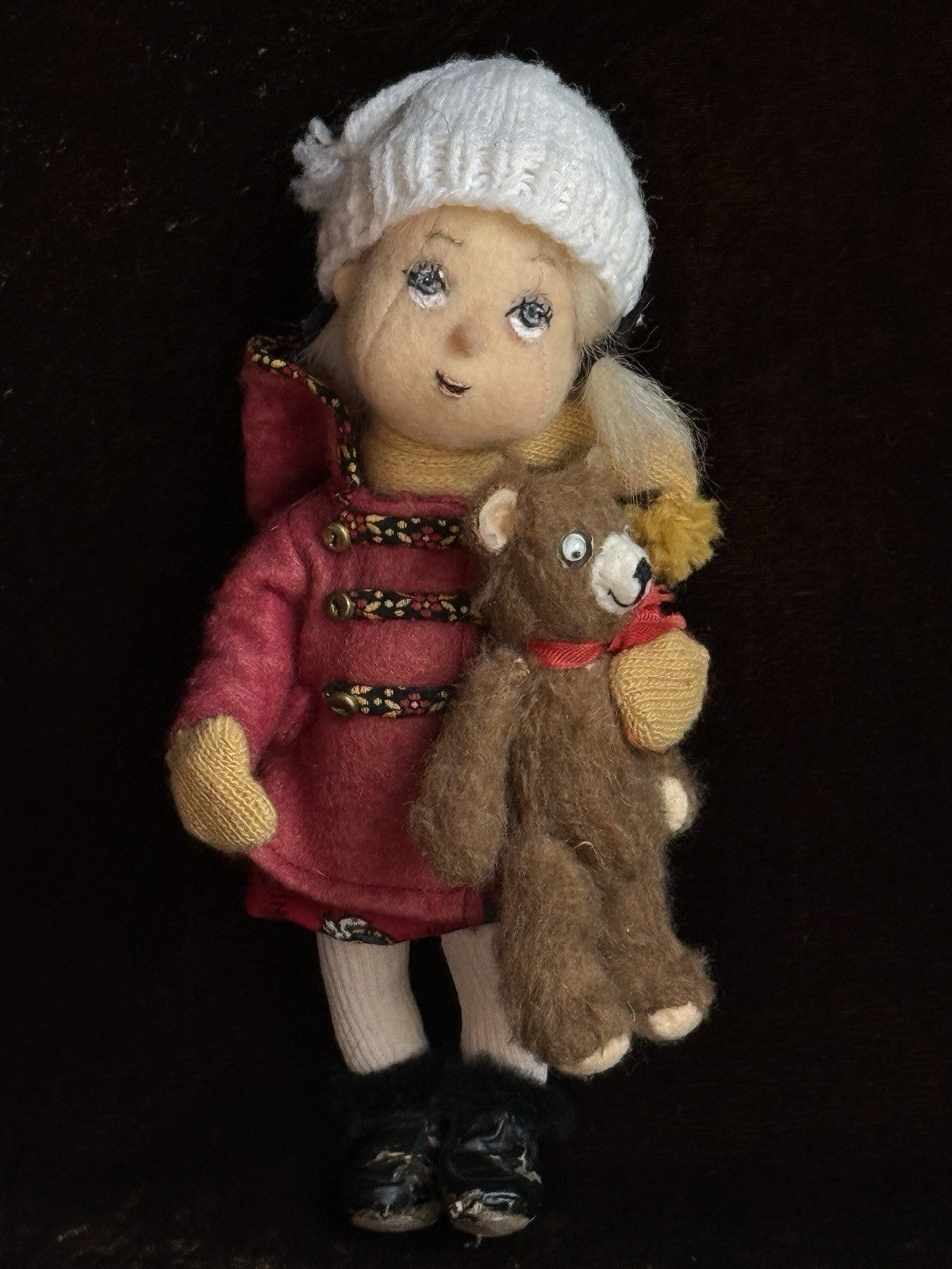 Miniature 8” Handmade Felt Cloth Doll with Teddy Bear