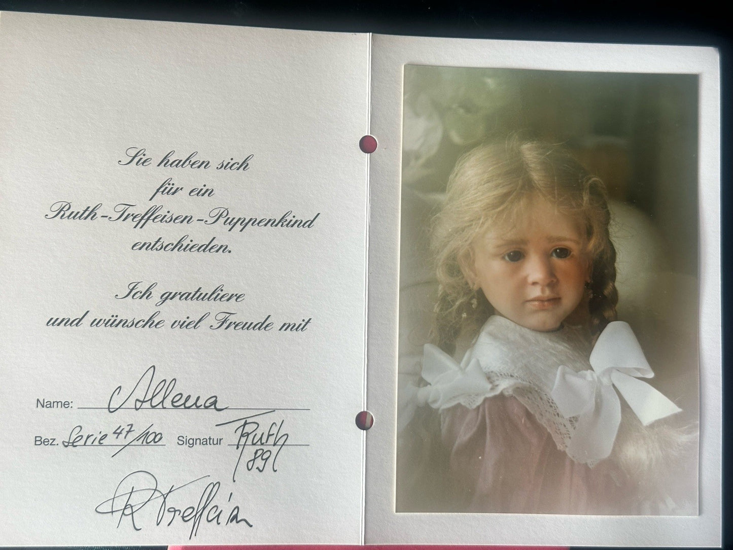 Collectible Artist 26” Porcelain Doll “Allena” by Ruth Treffeisen LE 100 COA