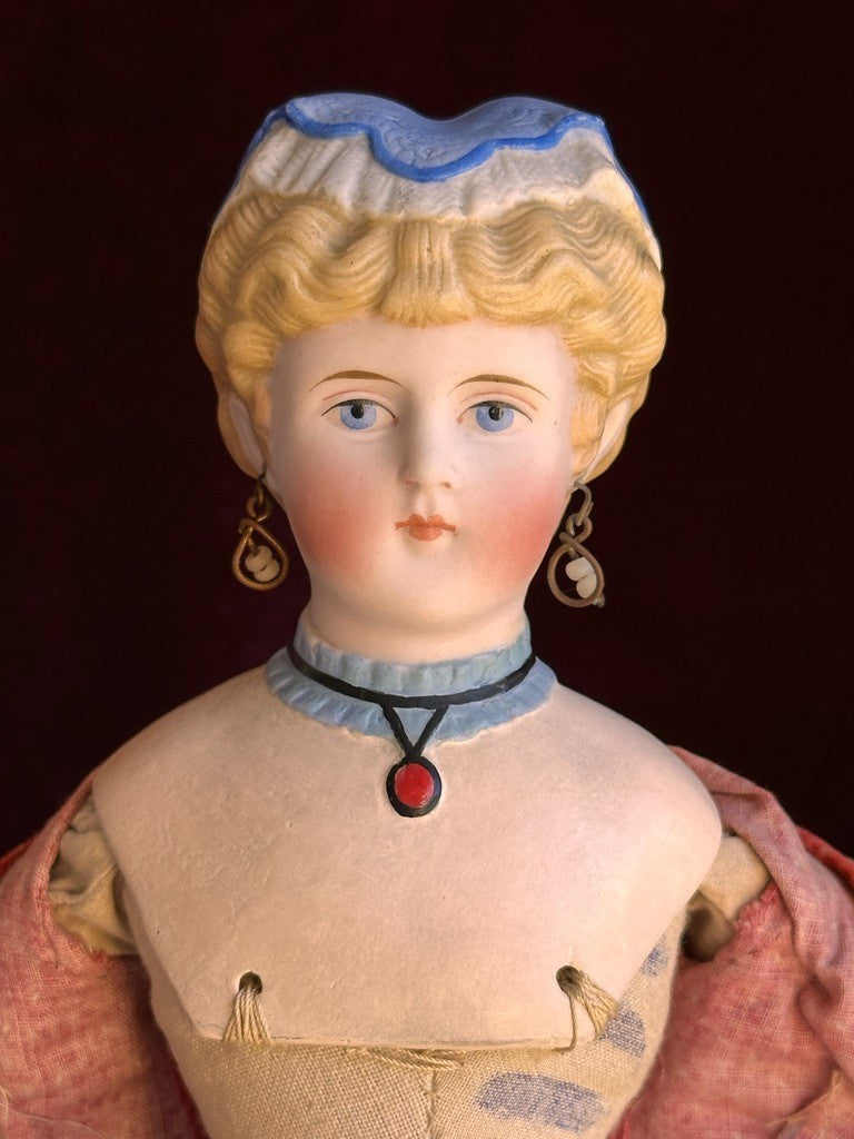 Antique German 15” Fancy Parian Bisque Head China Doll with Pierced Ears