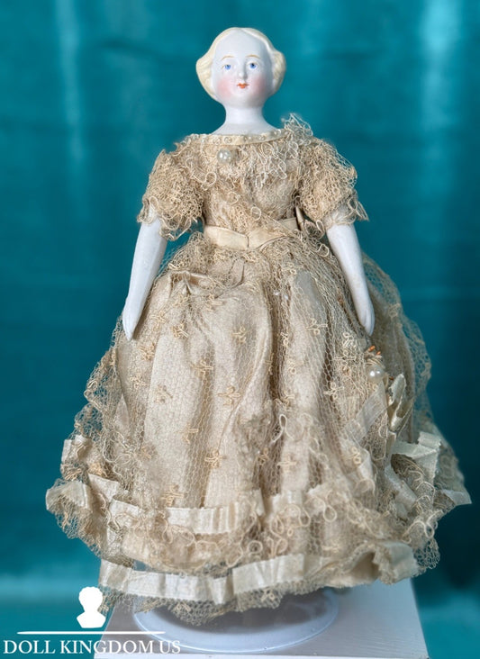 Antique German 8.25” Bisque Cloth Miniature Dollhouse Parian China Doll