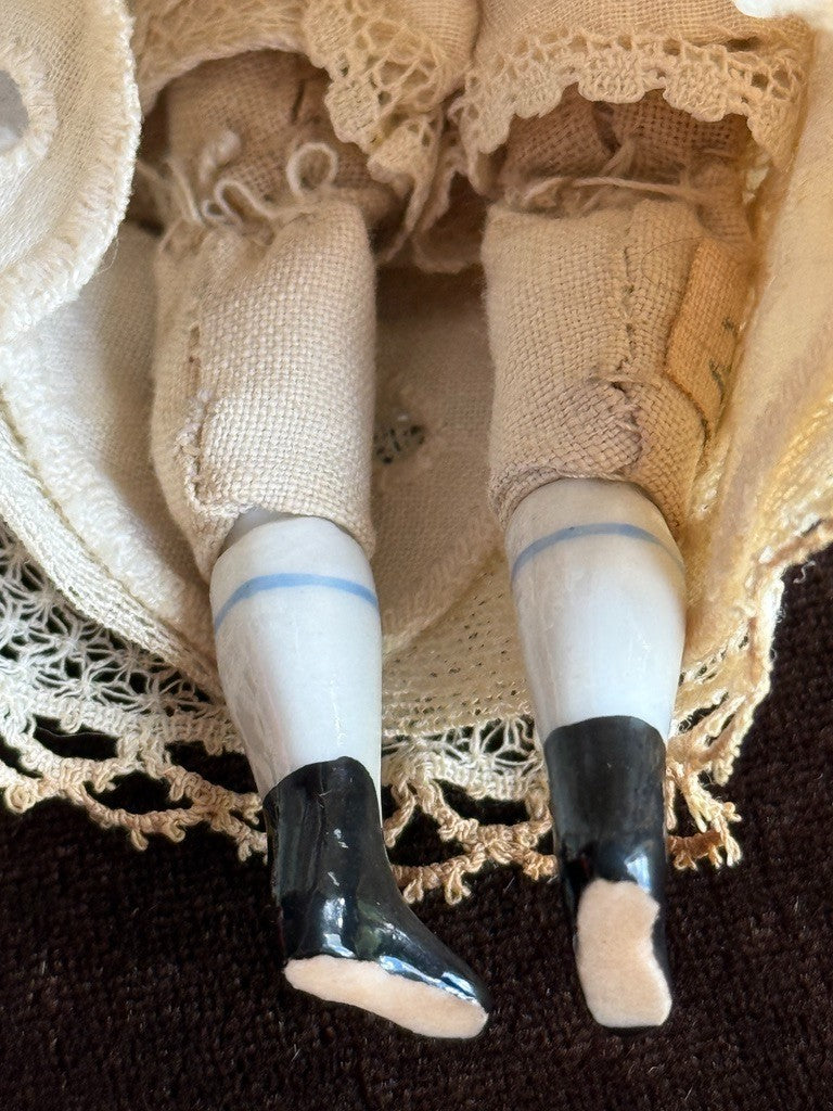 Antique German 5.75” Bisque Cloth Miniature Dollhouse Highbrow China Doll