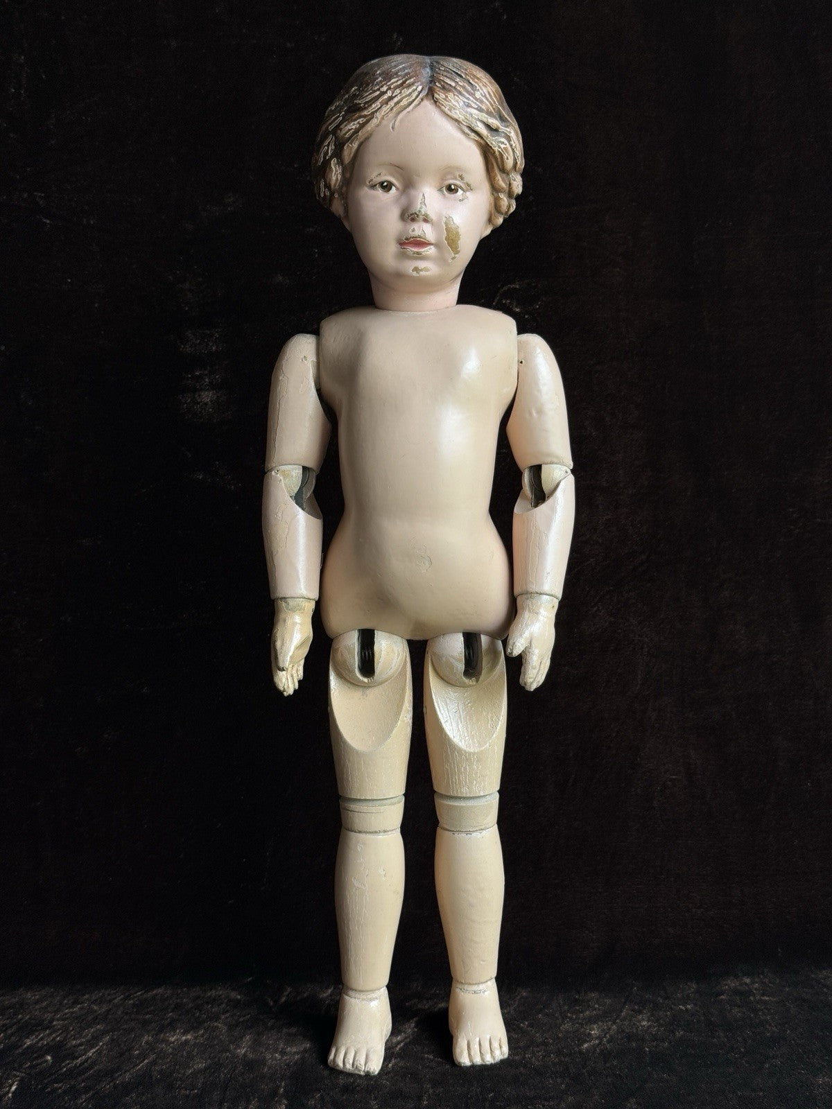 Antique American 16.5” Schoenhut 102 Series Wooden Doll Carved Braided Hair Bow