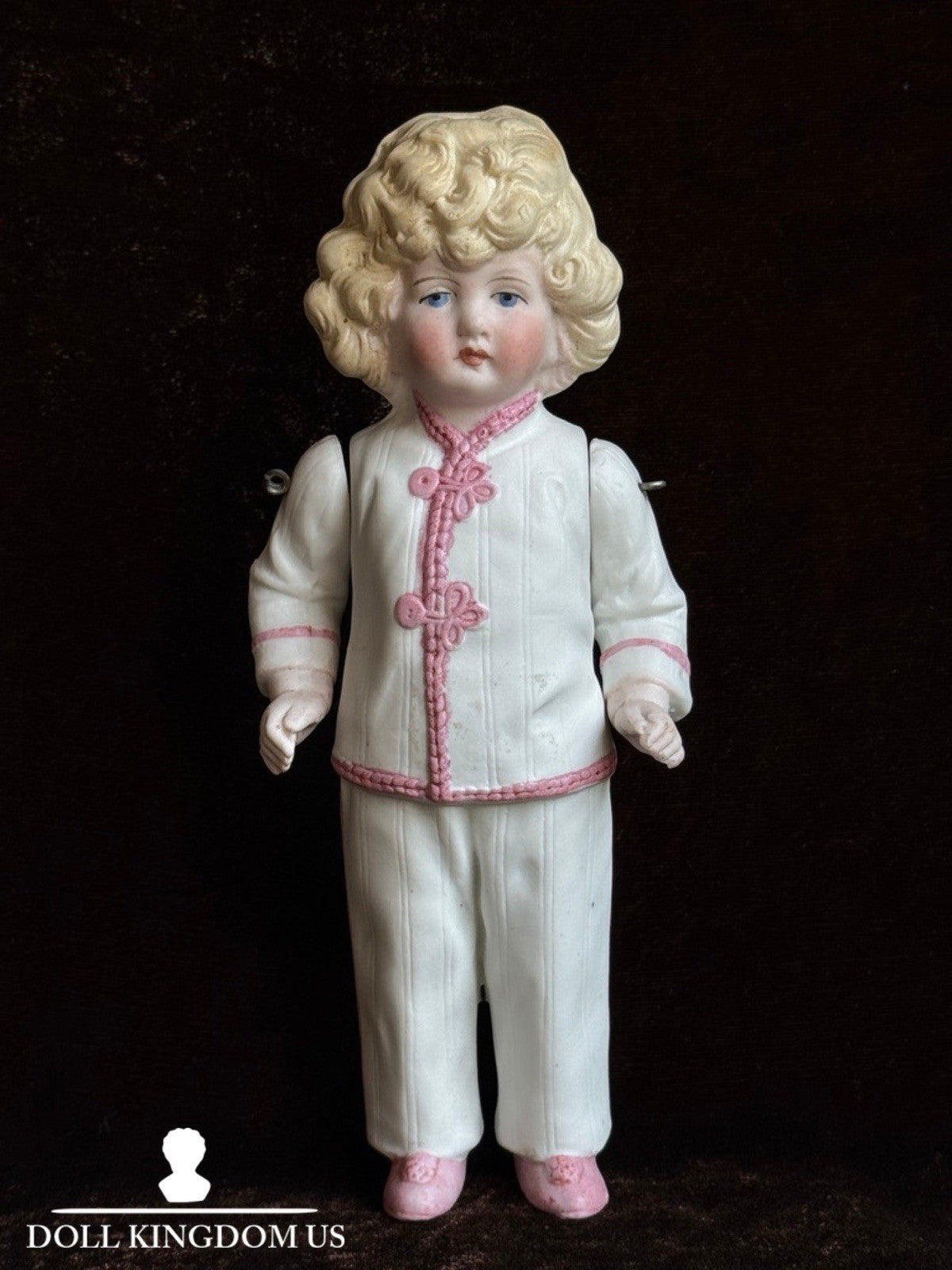 Antique German 6.5” All Bisque Miniature Dollhouse Doll Molded Outfit