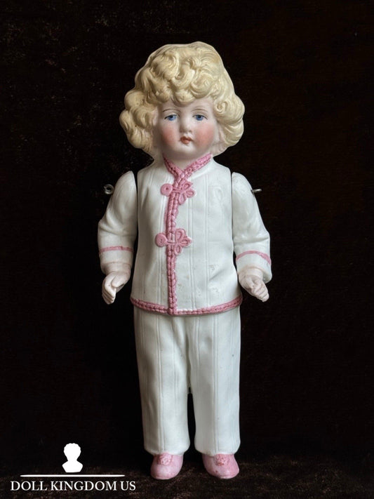 Antique German 6.5” All Bisque Miniature Dollhouse Doll Molded Outfit