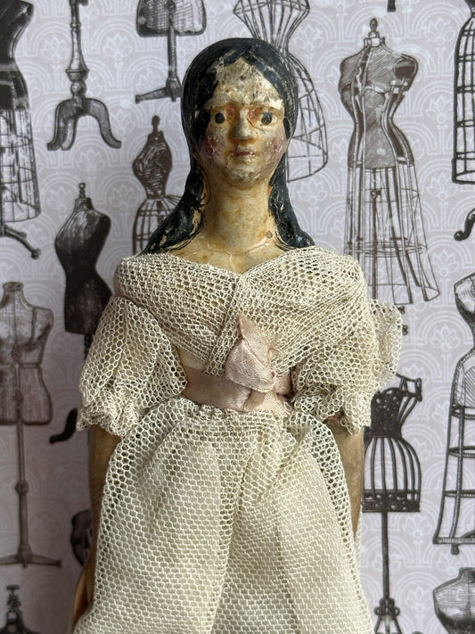Antique German 6.75” Papier Mache Milliner’s Model Dollhouse Spilled Curls Doll