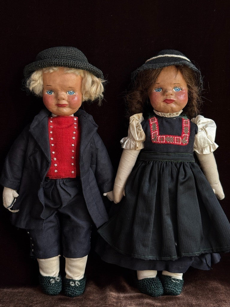 2 Unidentified Antique European 14” Kathe Kruse Style Oil Painted Cloth Doll