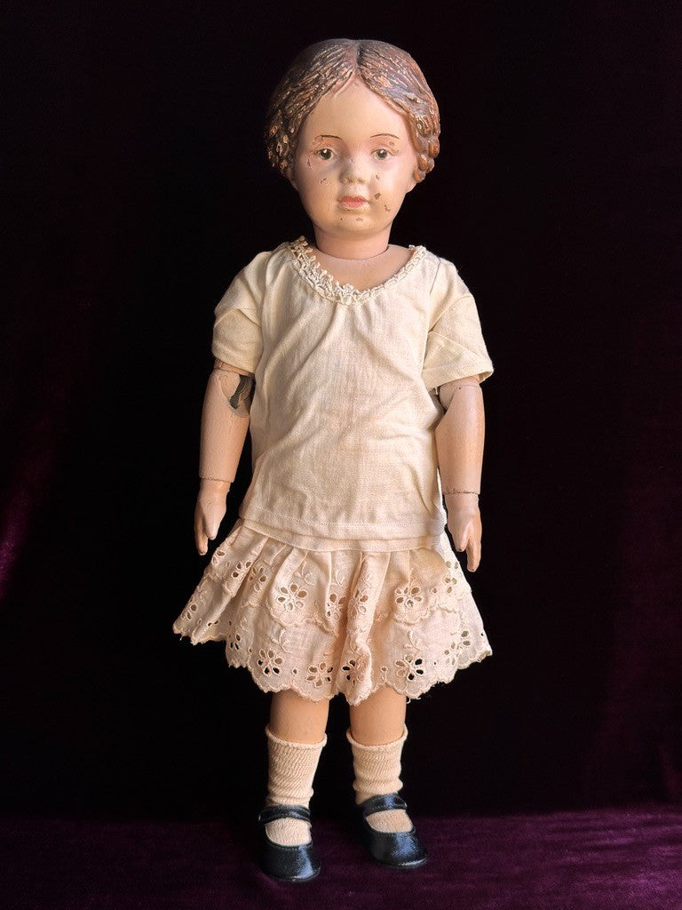 Antique American 16” Schoenhut 102 Series Wooden Doll Carved Braided Hair Bow