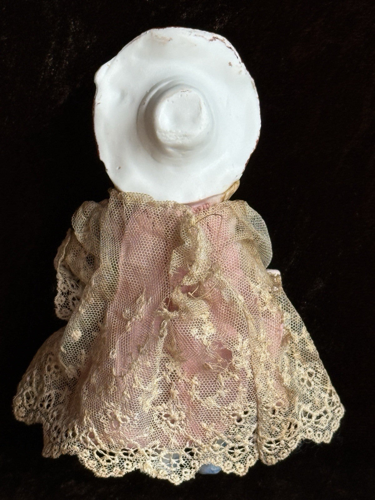 Antique German 7" Hertwig All Bisque Molded Hat Girl Doll