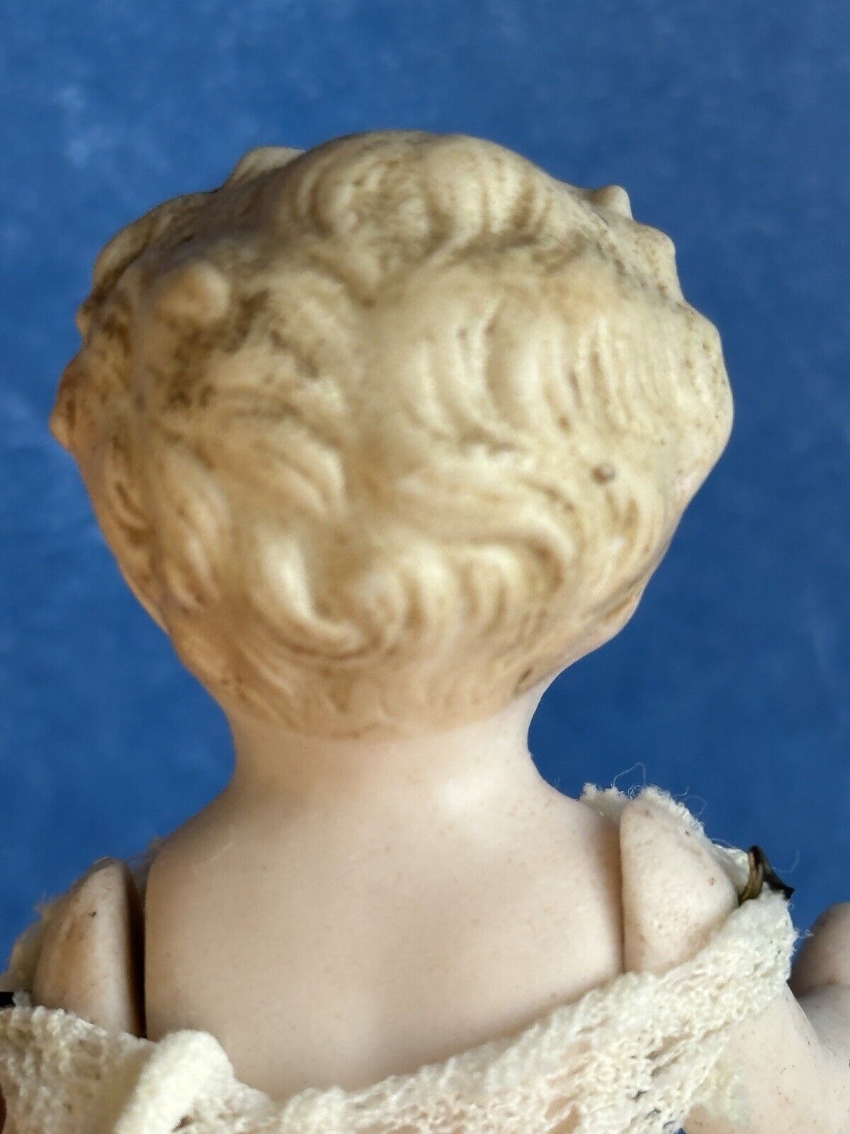 Antique German 3.75” Miniature All Bisque Parian Molded Hair Baby Doll