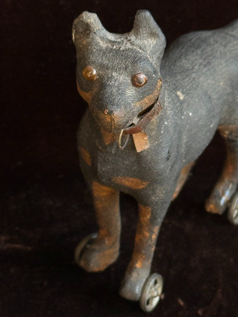 Antique German Papier-Mâché Doberman Pinscher Dog on Wheels Pull Toy