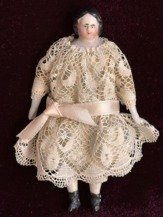 Antique German 4” Primitive Bisque Cloth Miniature Dollhouse China Doll