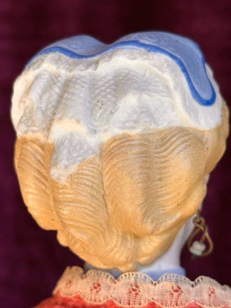 Antique German 15” Fancy Parian Bisque Head China Doll with Pierced Ears