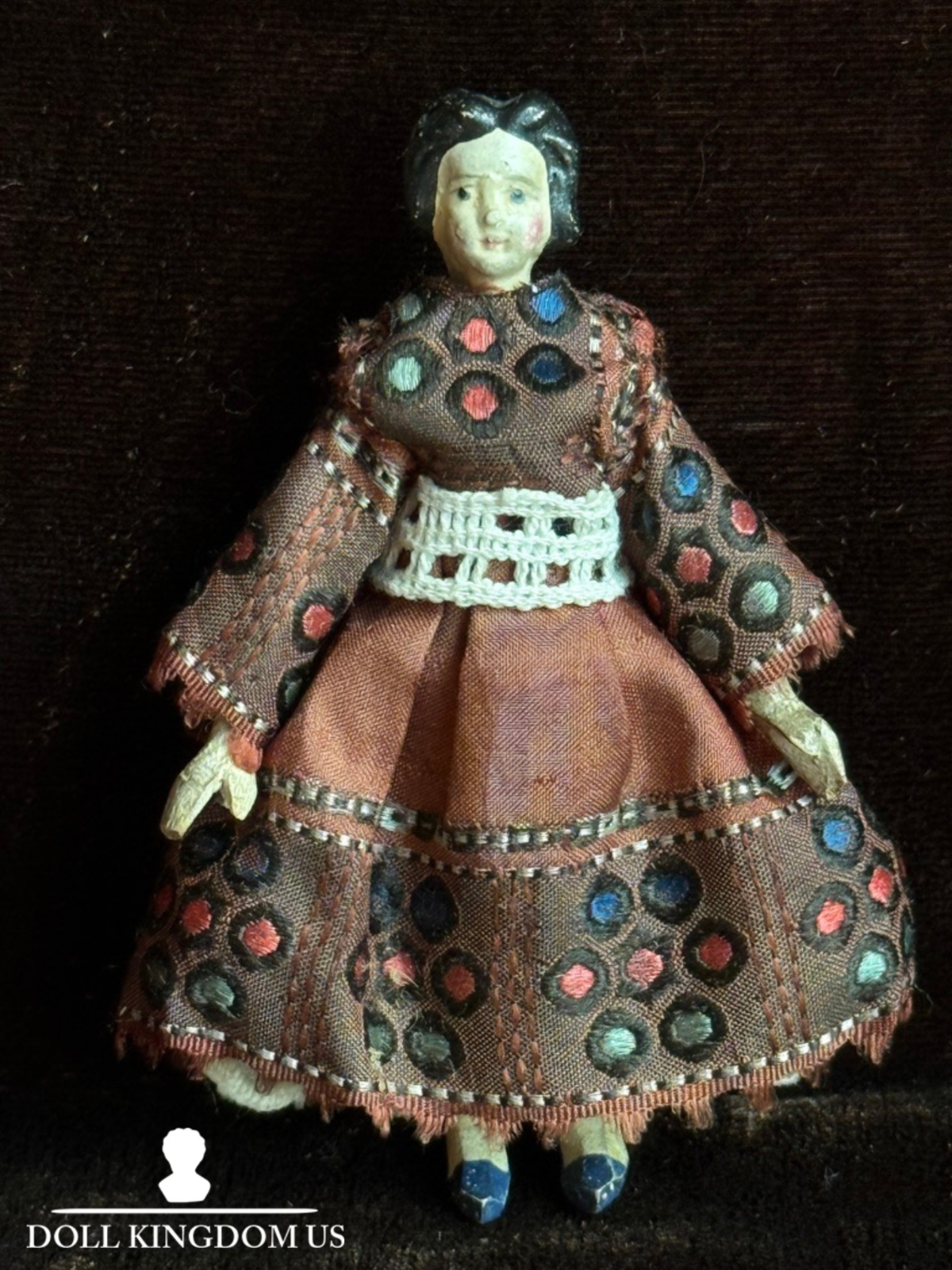 Rare Antique German 3” Grodnertal Peg Wooden Dollhouse Doll with Bun