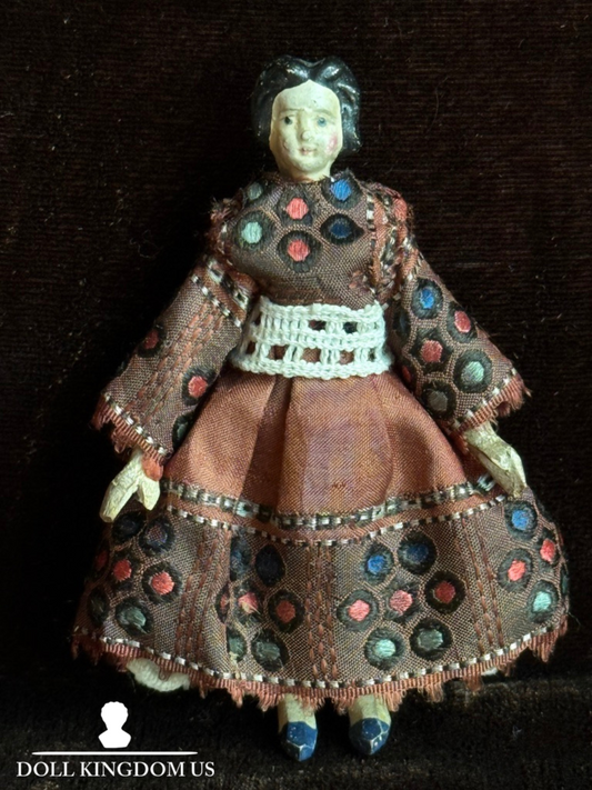 Rare Antique German 3” Grodnertal Peg Wooden Dollhouse Doll with Bun