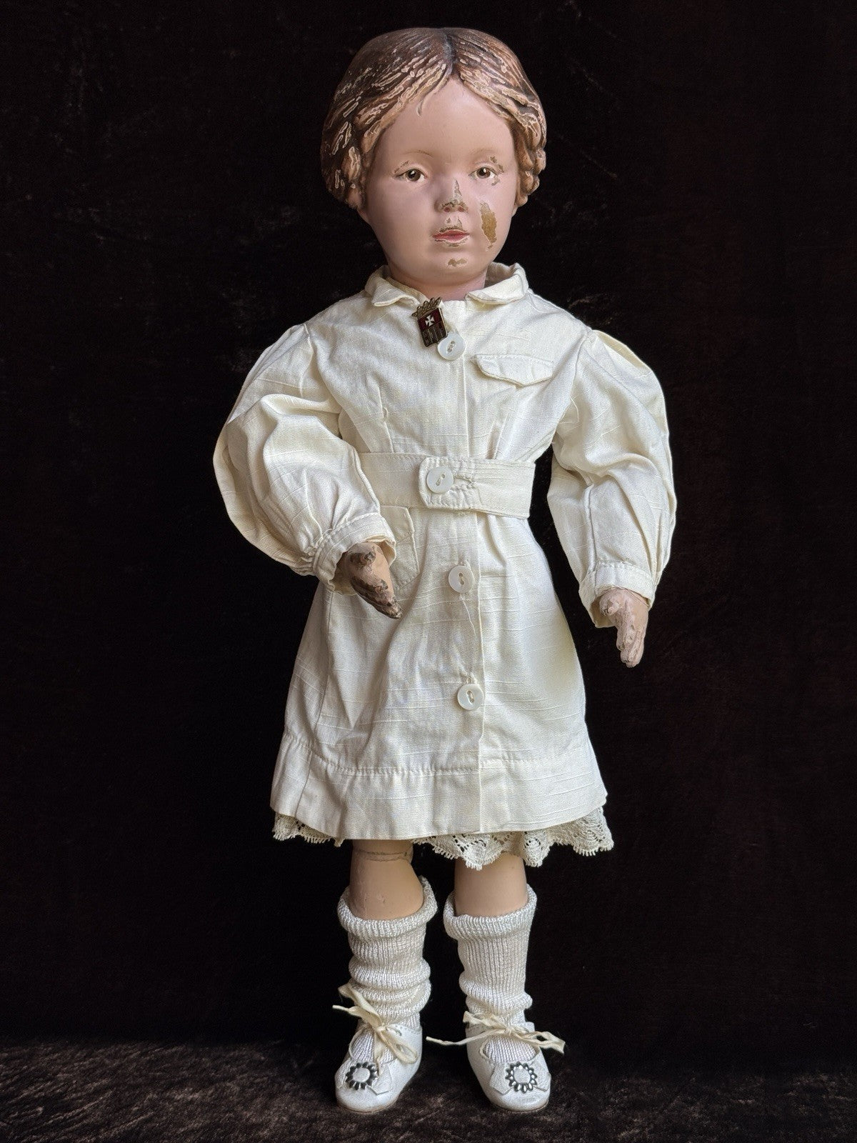 Antique American 16.5” Schoenhut 102 Series Wooden Doll Carved Braided Hair Bow