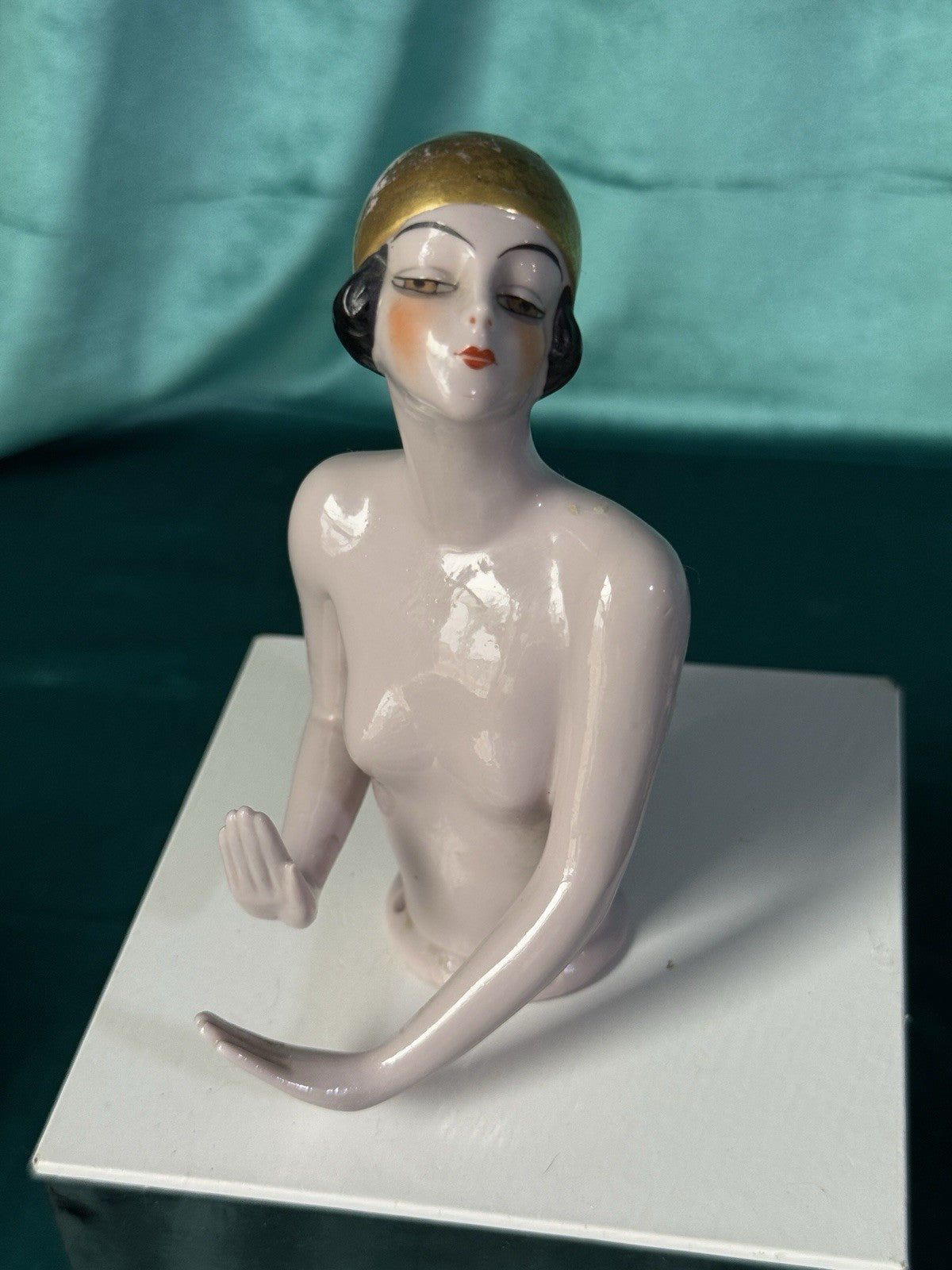 Gold Hair Antique German Art Deco Flapper Pin Cushion Half 4 3/4” Doll Arms Away