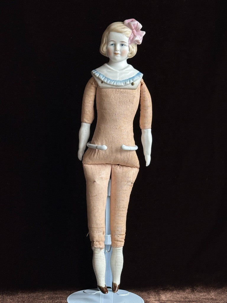 Antique German Hertwig 12” Bisque Molded Shoulder Plate and Bow Girl Doll